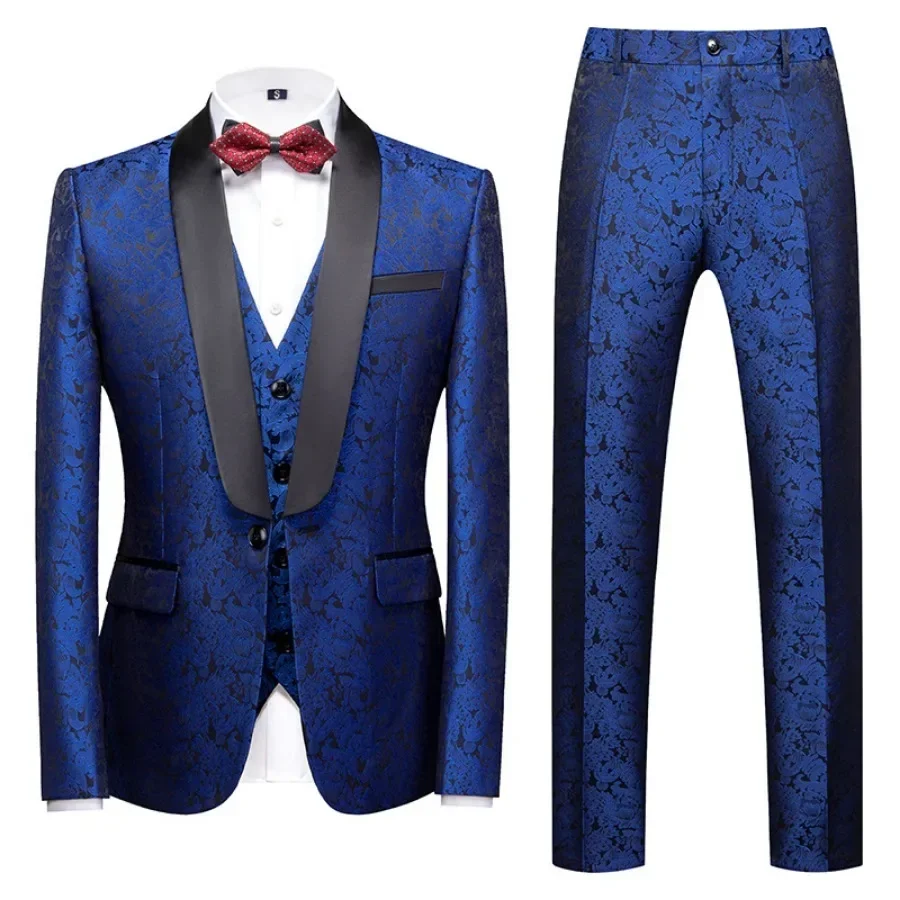 New 2025 Men's Casual Business Wedding Jacquard Suit 3 Pcs Set Blazer Jacket+Vest+Trousers Male Party Banquet Formal Clothing