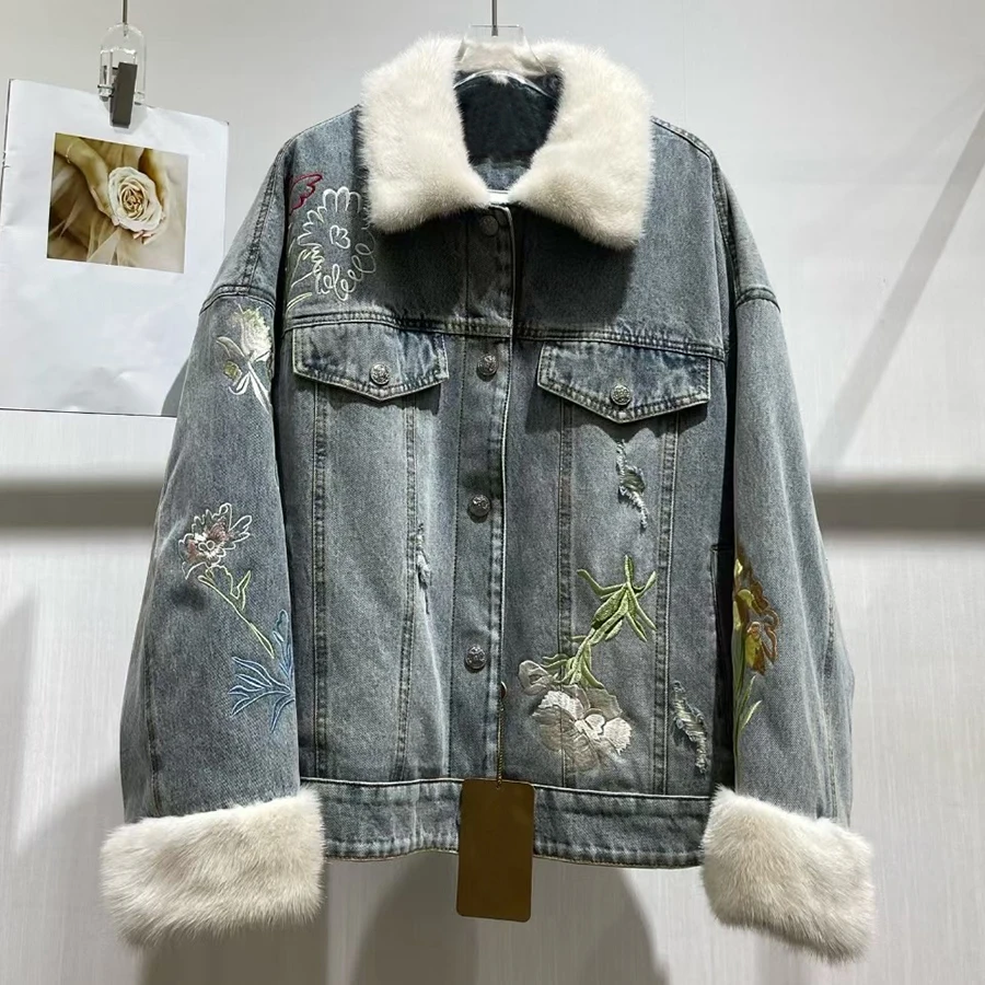 

Женская короткая джинсовая куртка с меховыми манжетами, куртка из натурального норкового меха, куртка-пуховик из натурального меха, верхняя одежда высокого качества из натурального меха