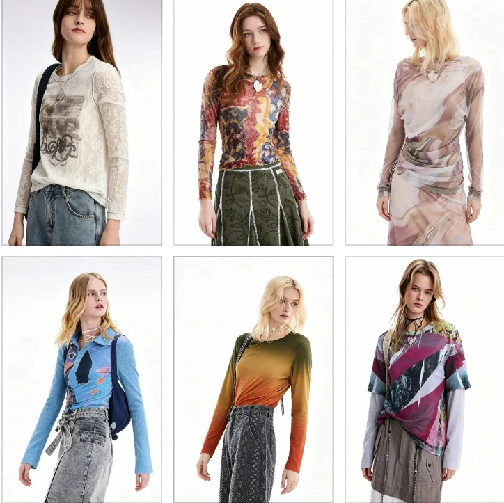 Spanish foreign trade new multi-color printed, round-neck long-sleeved knitted sweater, women's long-sleeved shirt T-shirt