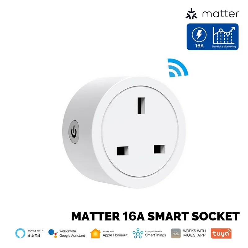 1 PCS Smart Plug Matter Presa Wifi 16A Supporto timer TUYA con per Homekit Google Home Alexa UK Plug