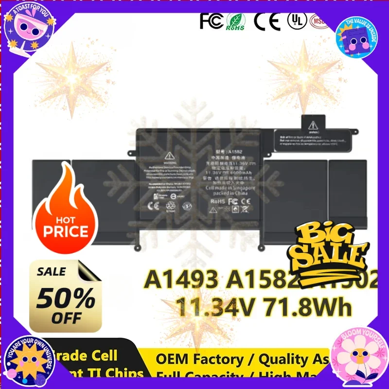 SWZY A1493 A1582 A1502 Laptop Battery 6330mAh 11.34V 71.8WH for Apple MacBook Pro 12 inch Retina A1493 Early 2015,Mid 2014, Late
