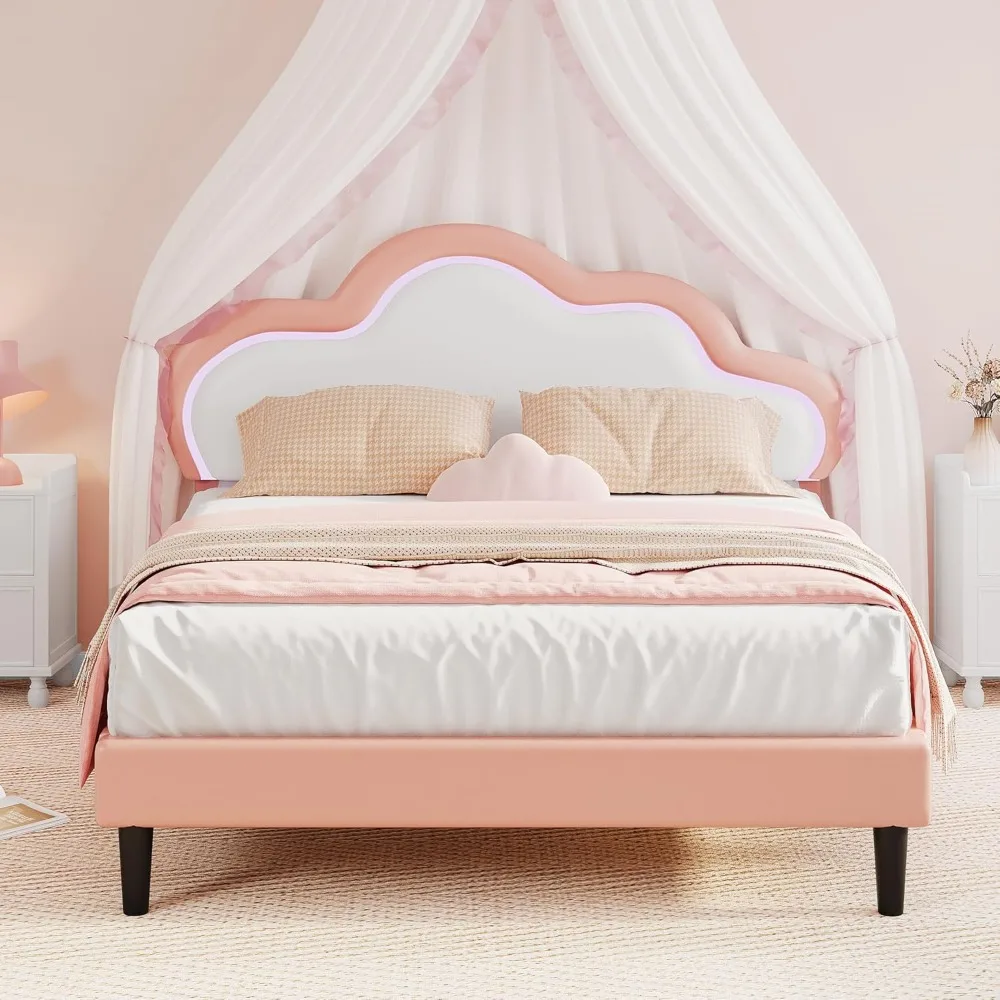 

Pink Full Bed Frame with LED Light, Upholstered Bed PU Leather Adjustable Headboard, LED Platform Bed Wooden Slat Support,