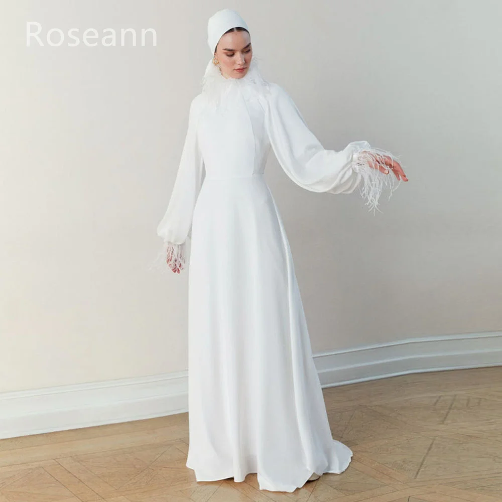 Customized High Quality Muslim Ivory Wedding Dresses Feathers Draped Pleat Bride Gowns Floor Length Long Sleeve robe de mariée