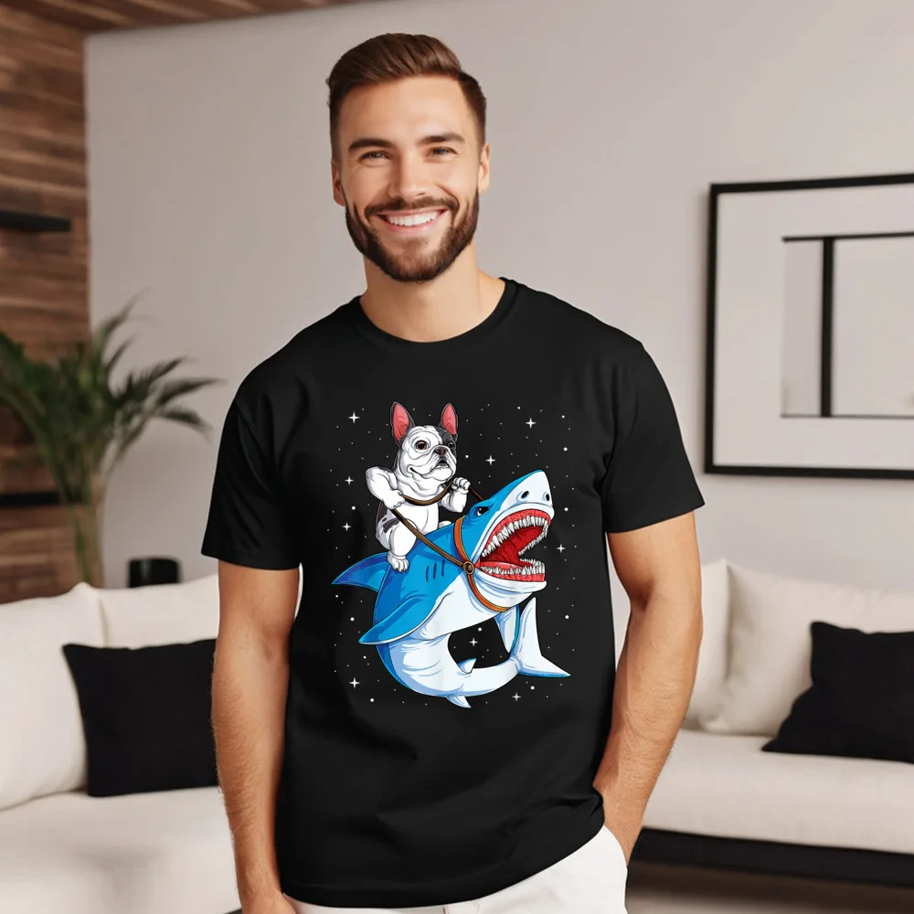 French Bulldog Shark T shirt Funny Short Sleeve Tops & Tees Christmas O Neck Pure Cotton Male T-shirts Funny Tops Tees Hip Hop