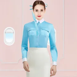 South Korean Women's Airline Aviation Flight Stewardess Uniform Skirt Short Sleeve Shirt Attendant Work Clothes - Glossy Blue