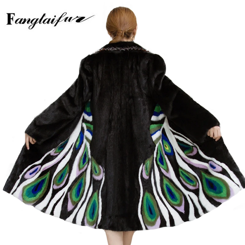 Ftangaiur Winter Import Velvet Mink Fur Coat Turn-Down Collar Patchwork Peacock Mink Coat Women Long Natural Real Mink Fur Coats
