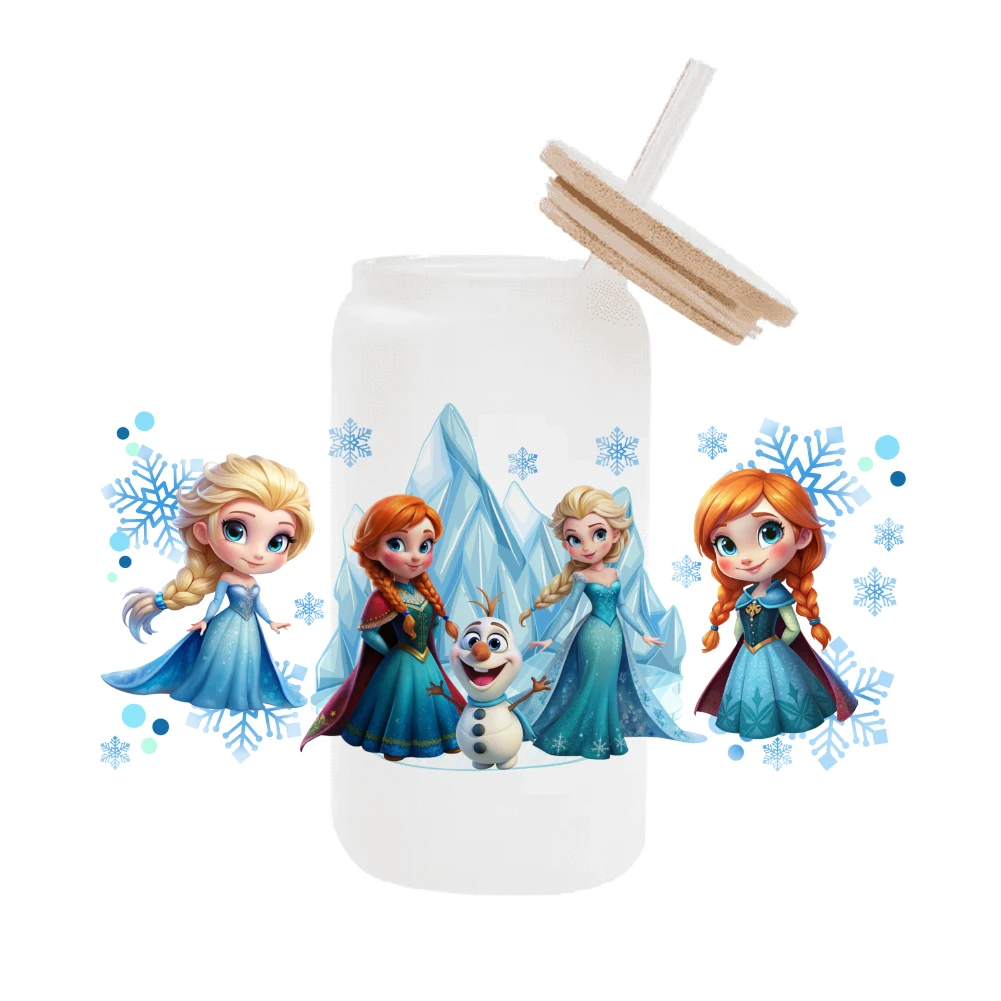 Disney mini congelado princesa elsa anna impresso uv dtf transferência adesivo à prova dwaterproof água para 16oz copo de vidro envoltório adesivos