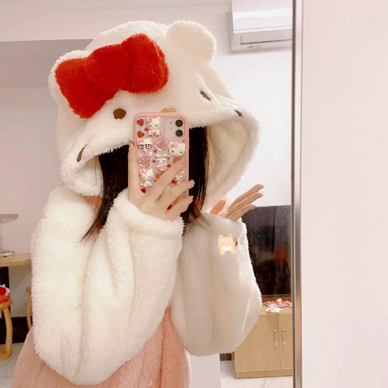 

Sanrio Kawaii Winter Hello Kitty Robes Cartoon Ins Coral Fleece Pajamas Thick Warm Cute Pijamas Women Home Wear Pink Nightgowns