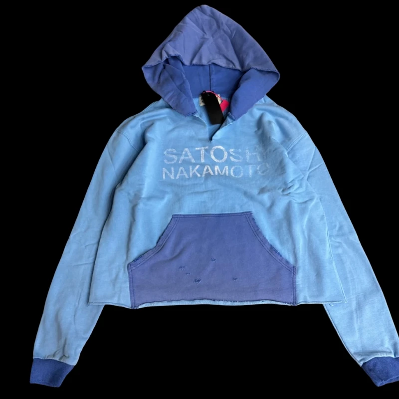 Extra Large Washed Blue SATOSHI Hoodie Crop V-neck Fading Letter Color Blocking Pocket Hood Sweatshirts Men Women Street Outfit