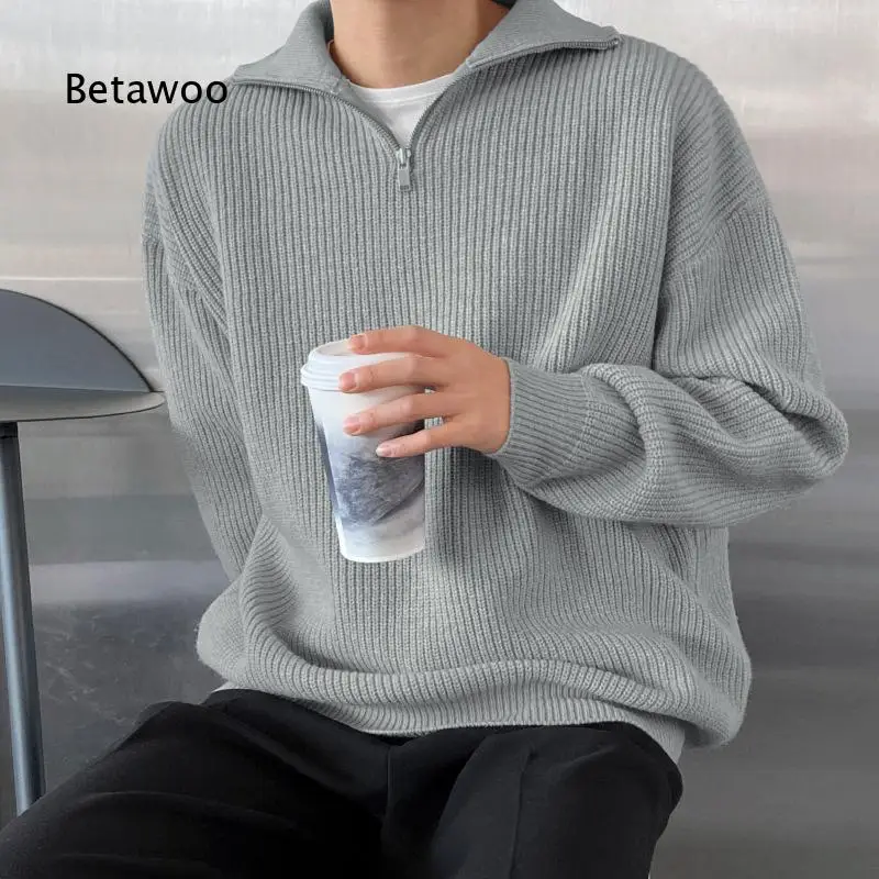Mens Pullover Sweater Thickened Half Collar Zipper Knit Top Casual Ins Style Knitted Undershirt For Autumn And Winter Daily Wea