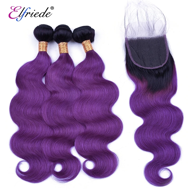 Elfriede #T1B/Purple Body Wave Precolored Hair Bundles with Closure Brazilian Human Hair Wefts 3 Bundles with Lace Closure 4x4