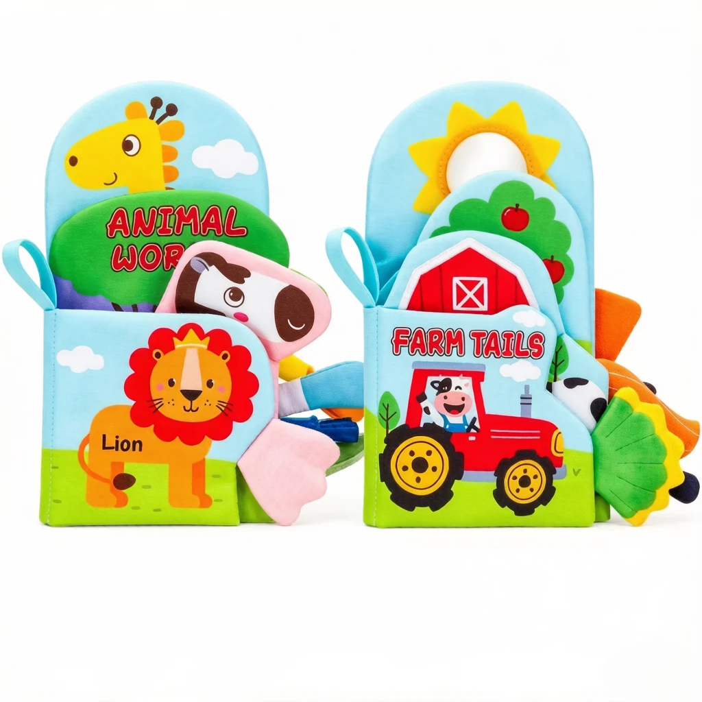 2Pcs Animal Cloth Books, tear-resistant crinkle book with tails, touch cognition book with mirror for baby early learning