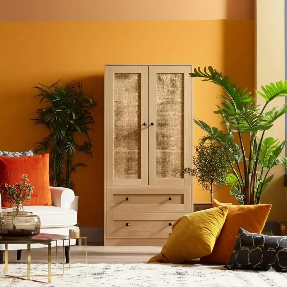 Rattan Oak Kitchen Pantry, Storage Cabinet With Adjustable Shelf For Living Room, Kitchen