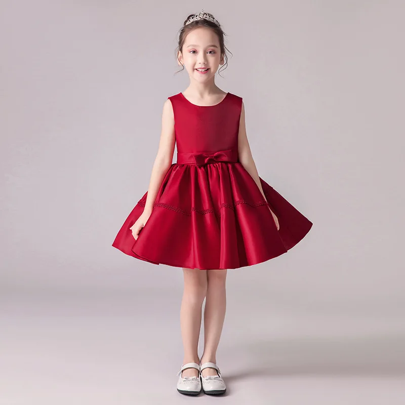 Children\'s dress 2024 spring new red pongee skirt small host piano dress girl princess dress