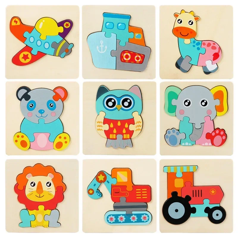 10.7cm/4.21in Kids Colorful 3D Puzzles Montessori Games Cartoon Animals Jigsaw Puzzle Baby Educational Wooden Toys for Children