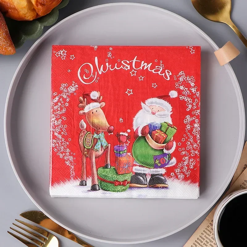 10/20pcs 33*33cm 2-Ply Santa Claus and His Deer Printed Napkins Restaurant Bakery Party Placemats Paper Spot Wholesale