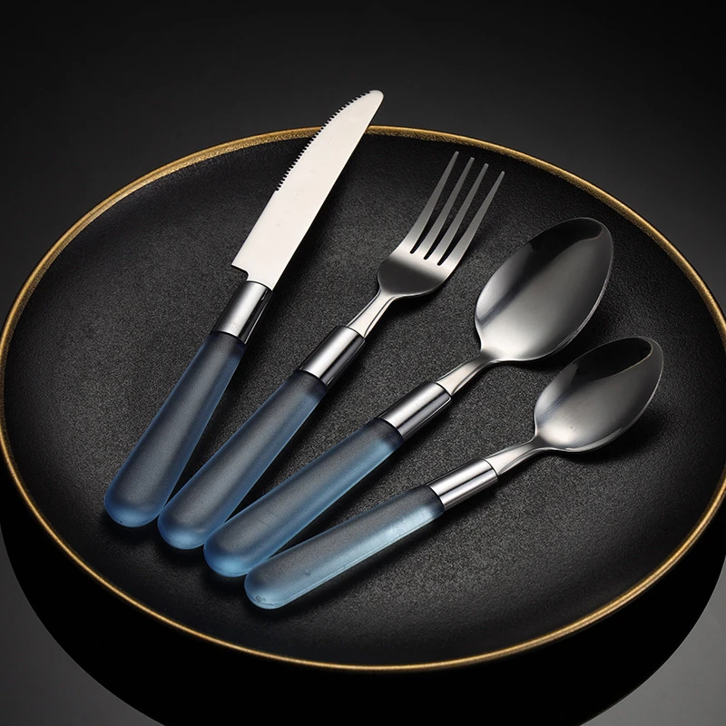 Creative Cutlery Set with Plastic Frosted Handle Stainless Steel Western Spoon Knife Fork Dinnerware Tableware Kitchen Utensils