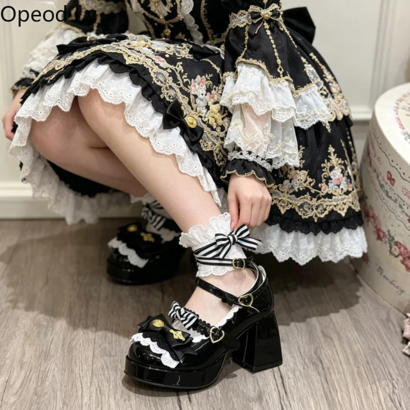 

Sweet Japanese Original Lolita Waterproof Table High Heels Bow Lace Round Head Thick Heel Mary Jane Woman Lo Shoes