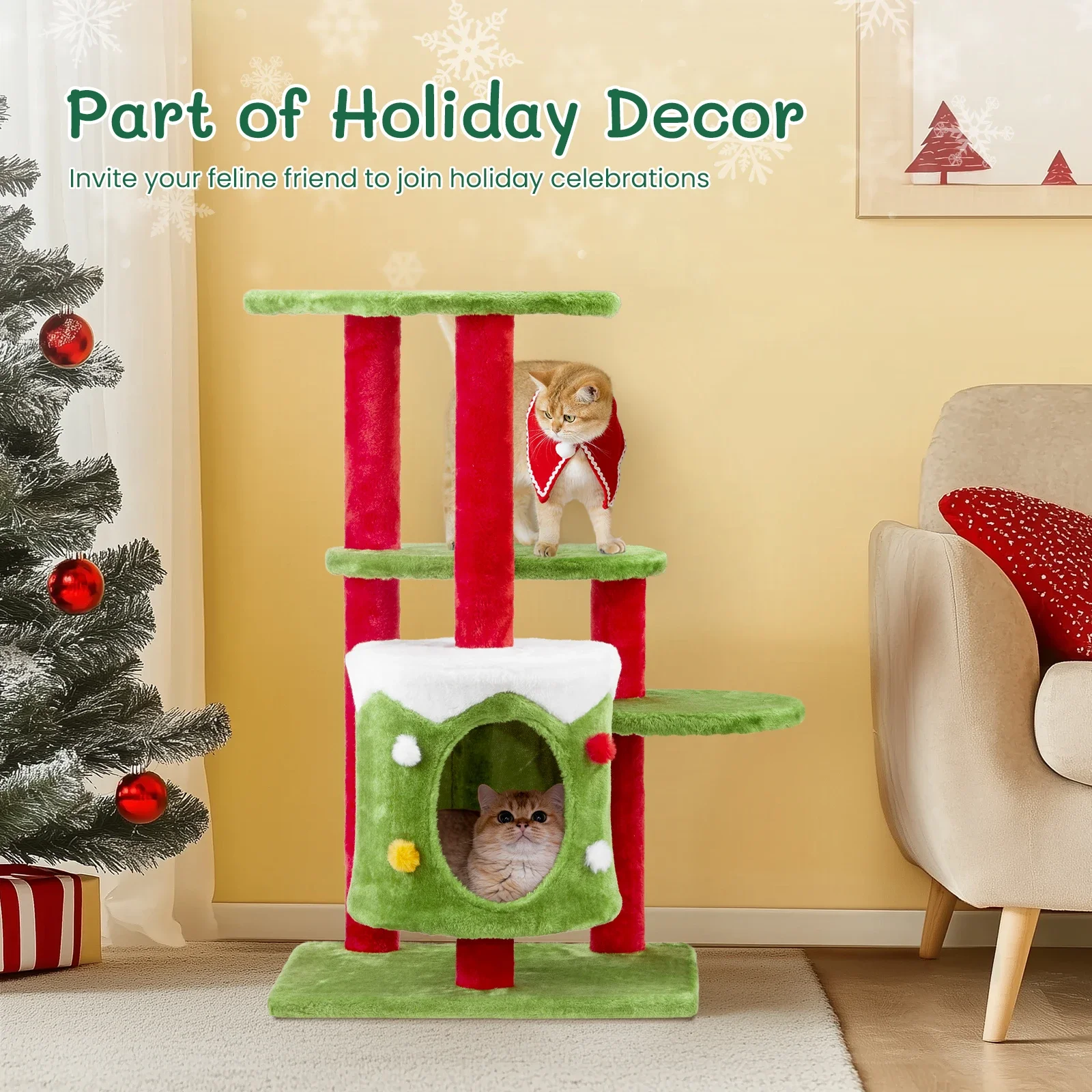 

32in Christmas Themed Cats Tower with Cat Condo, 3-Level Plush Cat-Tree Activity Center for Indoor Cats cats supplies cat tree