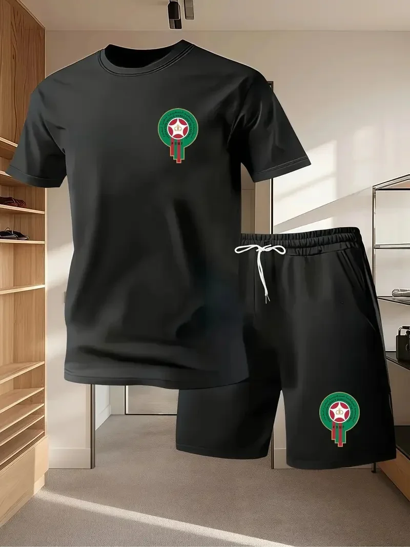 

Молодежный мужской модный повседневный спортивный комплект из двух предметов с принтом, летняя футболка с короткими рукавами и шорты, ансамбль