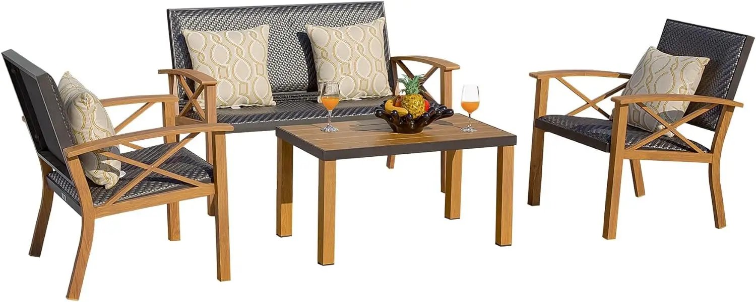 

Patio Funiture Set, Outdoor Aluminum Wicker Padded Sofa,Garden Conversation Set with Beige Sunbrella Pillows