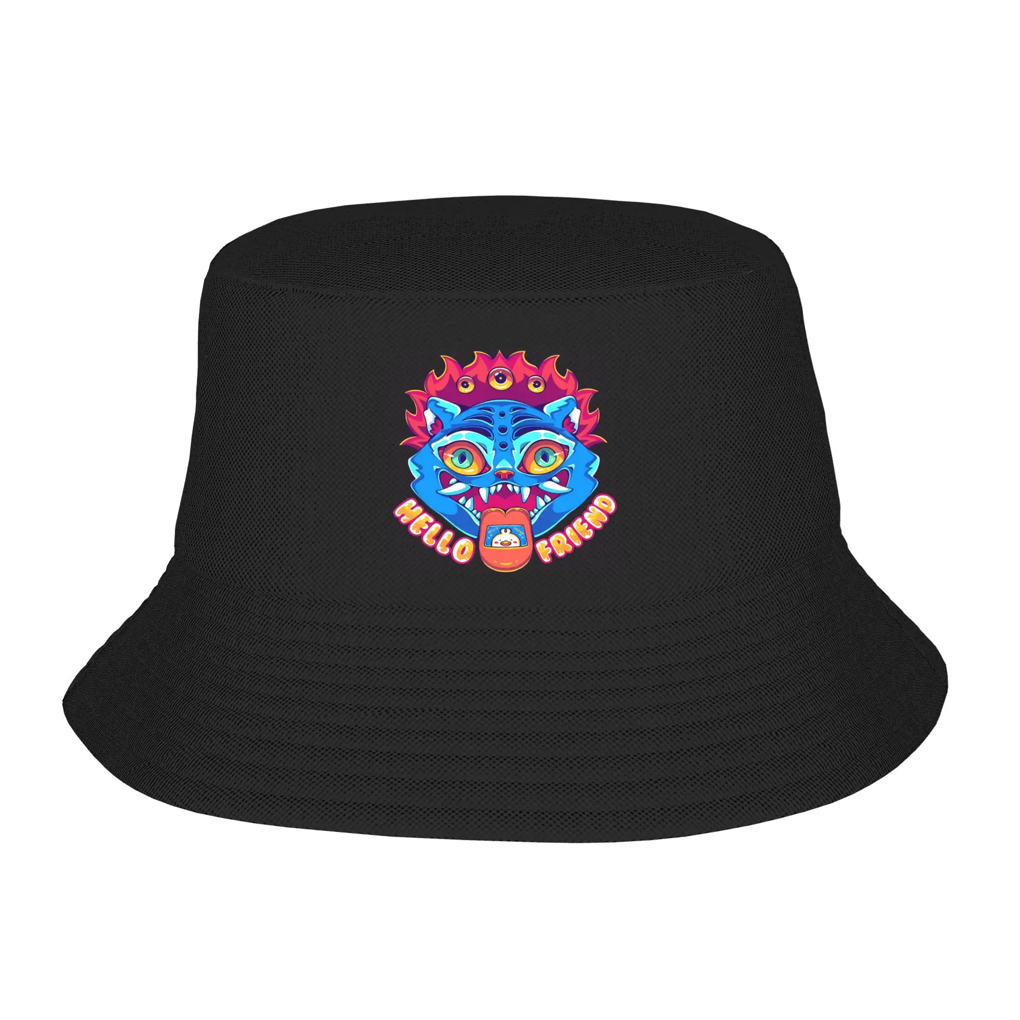 

Derpy Tiger HELLO FRIEND Bucket Hat For Men Kpop Demon Hunters Fisherman Hats Retro Fishing Caps Foldable Hawaii Print Sun Hats