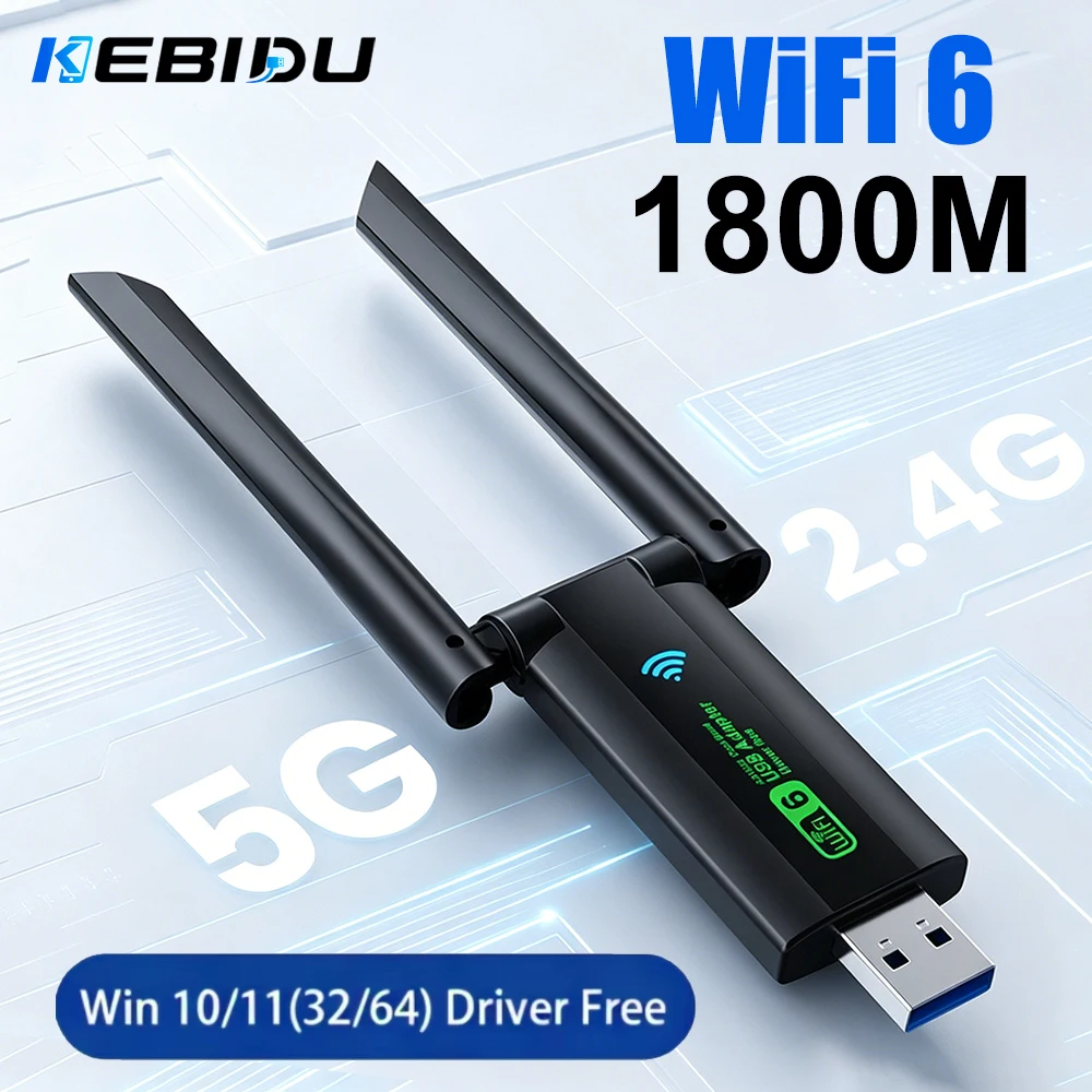 

KEBIDU WiFi 6 USB Adapter 1800Mbps Dual Band 2.4G/5Ghz Wireless WiFi Receiver USB 3.0 Dongle Network Card For Laptop Win10/11