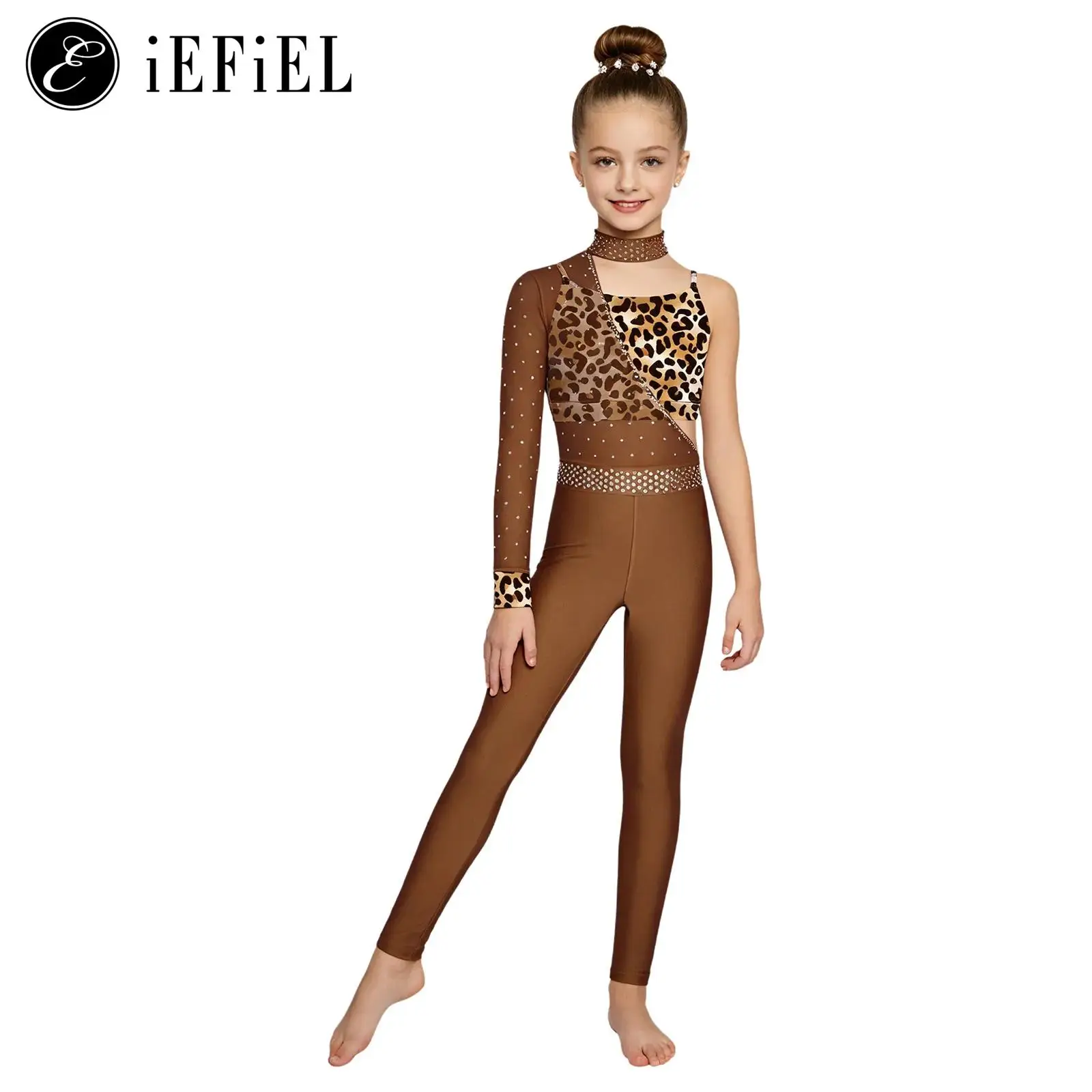 

Kids Girls Gymnastics Dance Outfit Asymmetrical One Shoulder Mesh Long Sleeve Shiny Rhinestones Jumpsuit with Printed Vest Suit