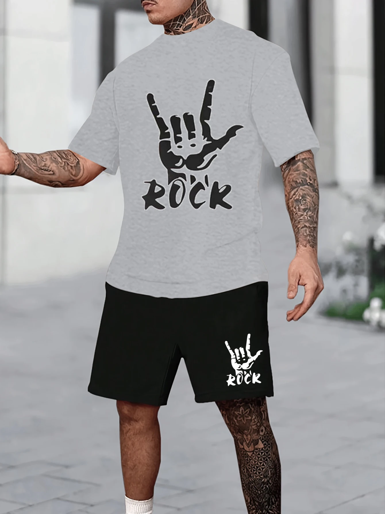 

2025 New Fashion T-shirt Shorts Two-piece Set Rock Men's Black White Gray Rock Print Summer Clothing T Shirt Man Clothes