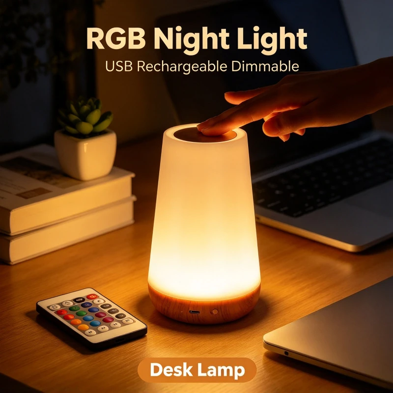 Portable Bedside Lamp RGB Night Light Remote Control Touch Dimmable for Kids Room Gift Decoration for Apartment Bedroom Decor