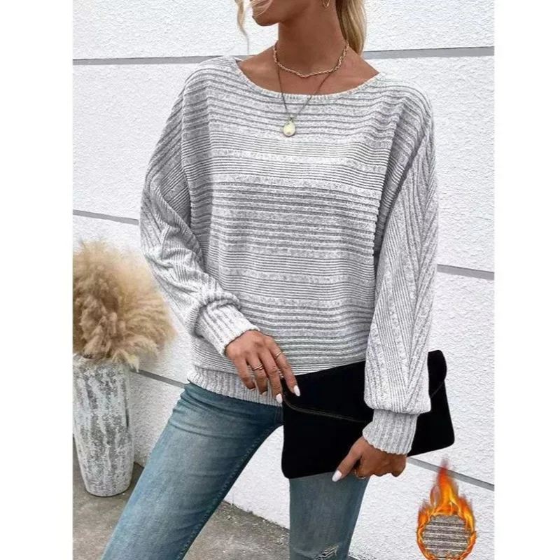 

Autumn and Winter New Comfortable and Casual Solid Color Long-sleeved Round Neck Splicing Pullover Top Sweater Women