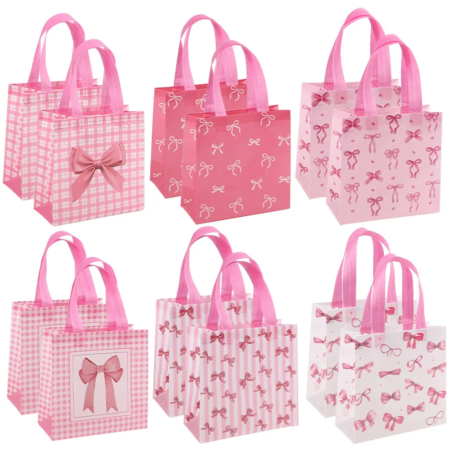 6Pcs Pink Bow Theme Gift Bag with Handle for Girl Birthday Party Candy Gift Packing Decoration Non-Woven Tote Bag Wedding Favors