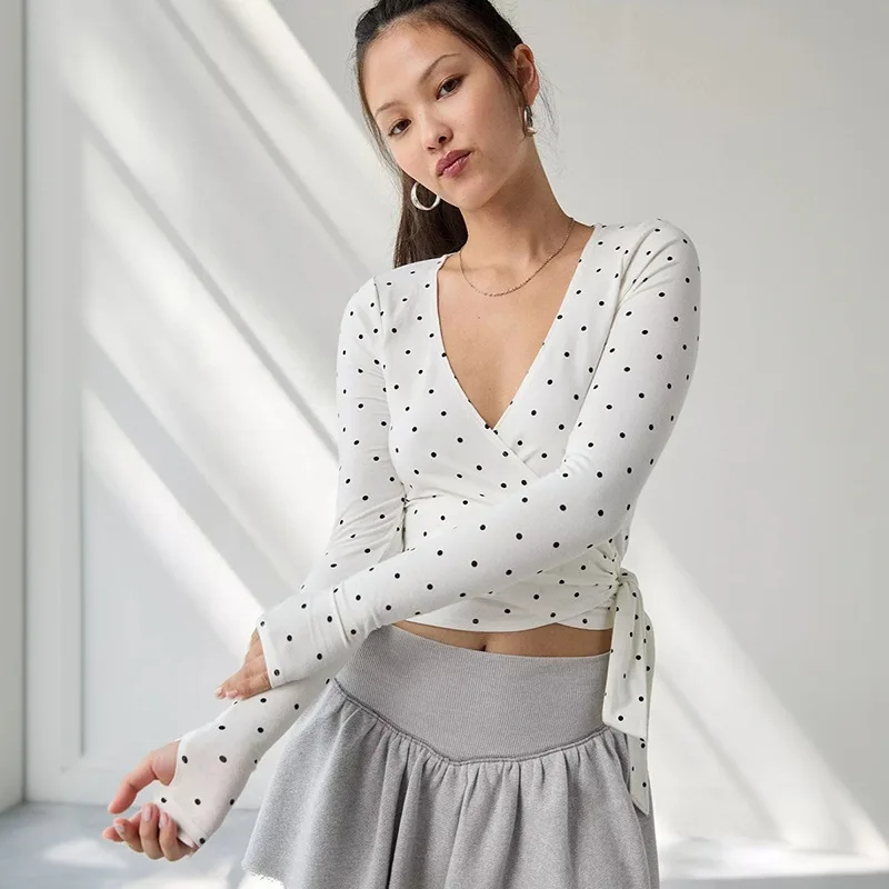 

Укороченная футболка в полоску Slim Fit Long Sve V-Ne, сексуальная женская футболка из полиэстера Thiened, осенняя коллекция