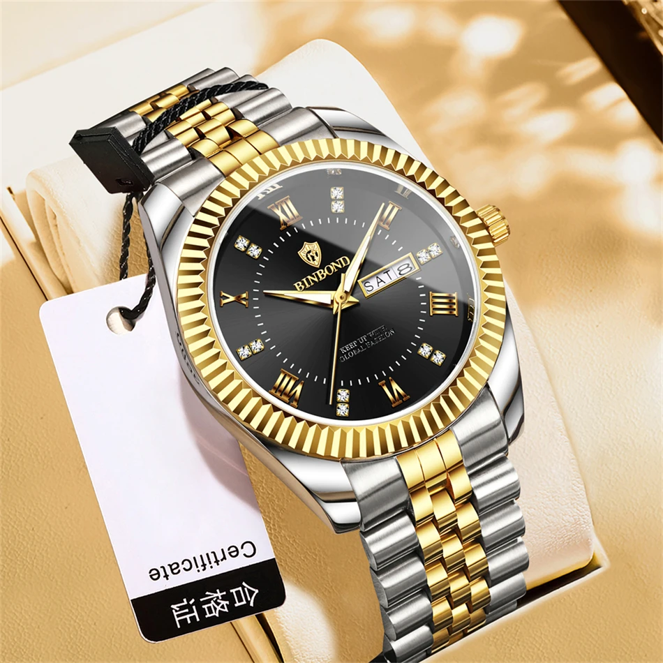 

BINBOND модные мужские наручные часы с геометрическим рисунком, хронограф с датой, часы из нержавеющей стали, водонепроницаемые светящиеся кварцевые часы Reloj