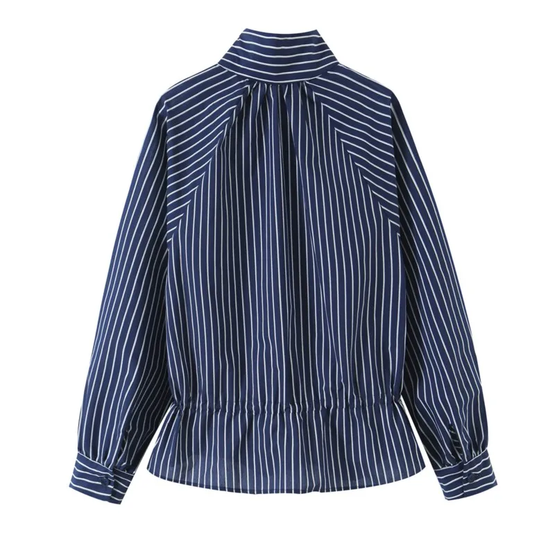 Women's bow tie fastening Striped Blouse With Lace-Up Autumn High-Neck Long Sleeve Button Women's Blouses Casual Female Shirts 2