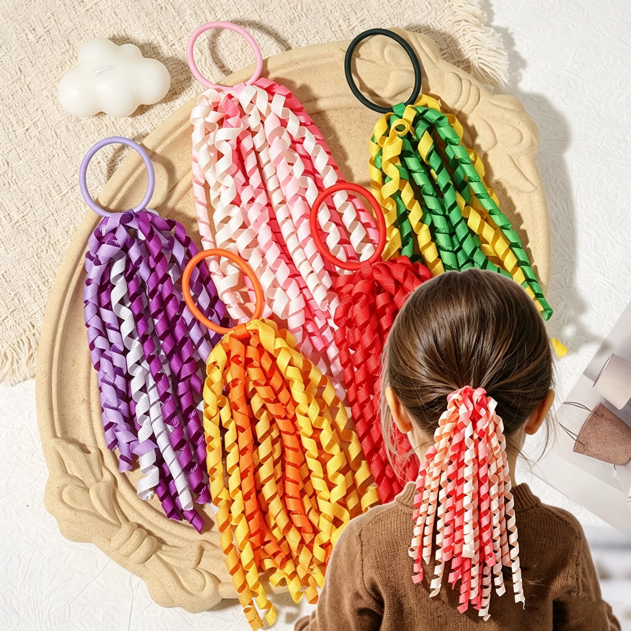 2 Stück/Set Satin-Quasten-Stirnband und Pferdeschwanzhalter, geeignet für Mädchen, dekoratives Haar-Accessoire für WM-Partys – Detail 1