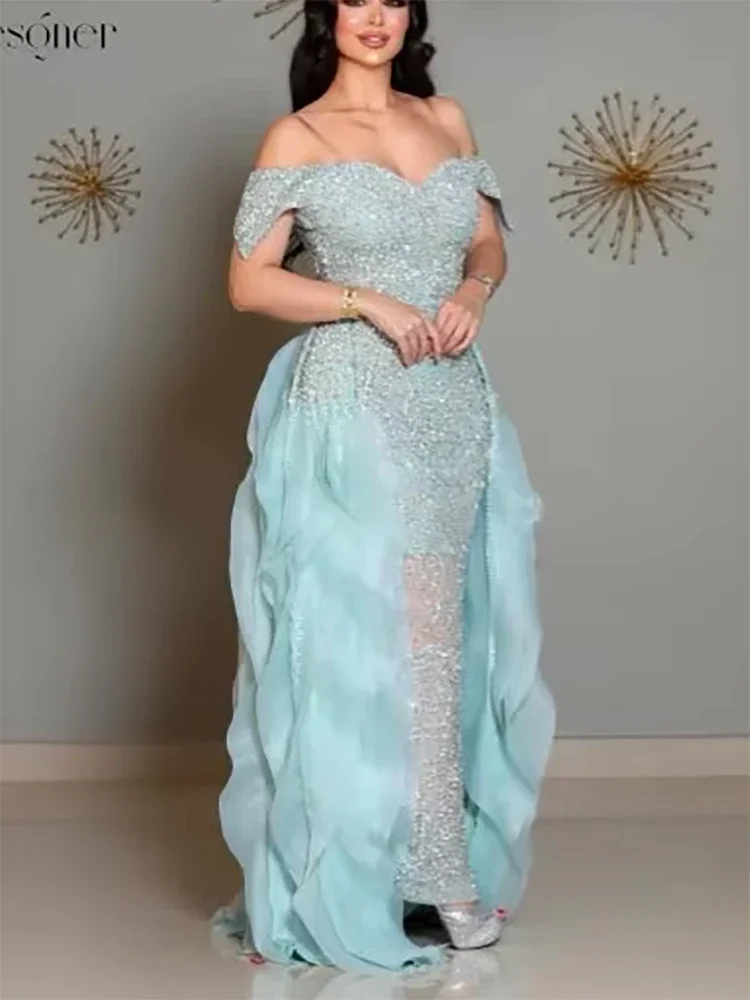 Elegante blaue schulterfreie formelle Abendkleider mit Pailletten, Spitze, abgestufte Rüschen, Ballkleider, maßgeschneiderte Robes de Soirée