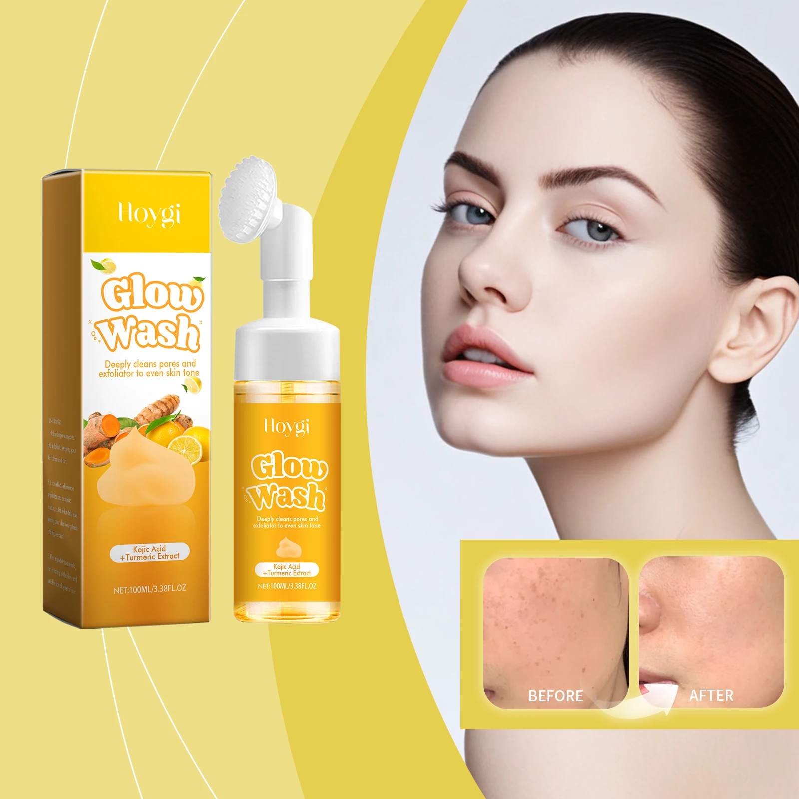 Glow Wash - Nettoyage pour le visage exfoliant et nettoyant en profondeur des pores avec acide kojique et extrait de curcuma (100 ml/3,38 fl.oz)