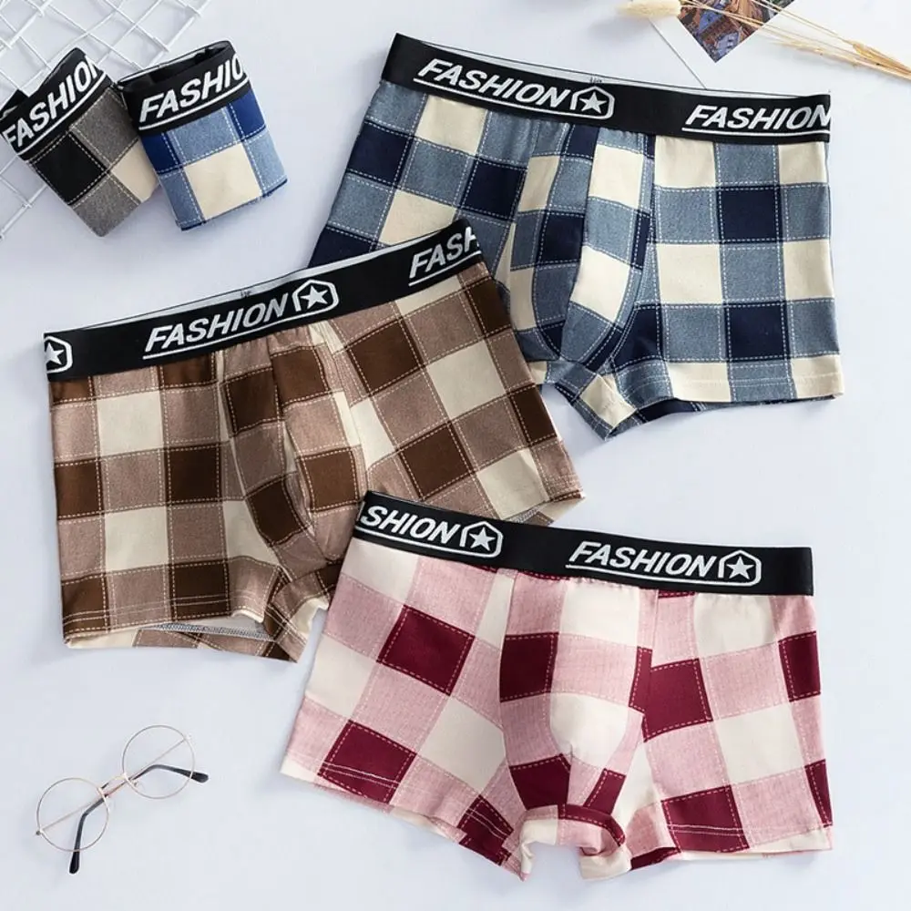 

5PCS Simple Striped Grid Men Underwear Letter Plaid Boxer Shorts Male Lingerie Elastic Seamless Panties Men