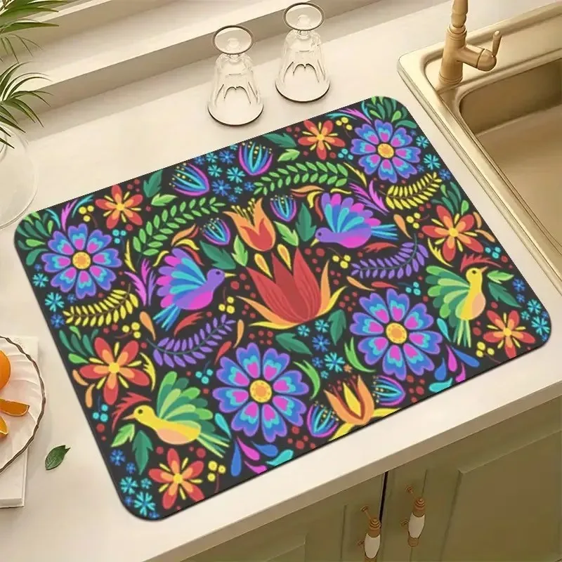 Tapete de secado de platos con diseño floral mexicano y pájaros, estilo Otomi, para encimera de cocina, mantel individual colorido y estético para estación de café