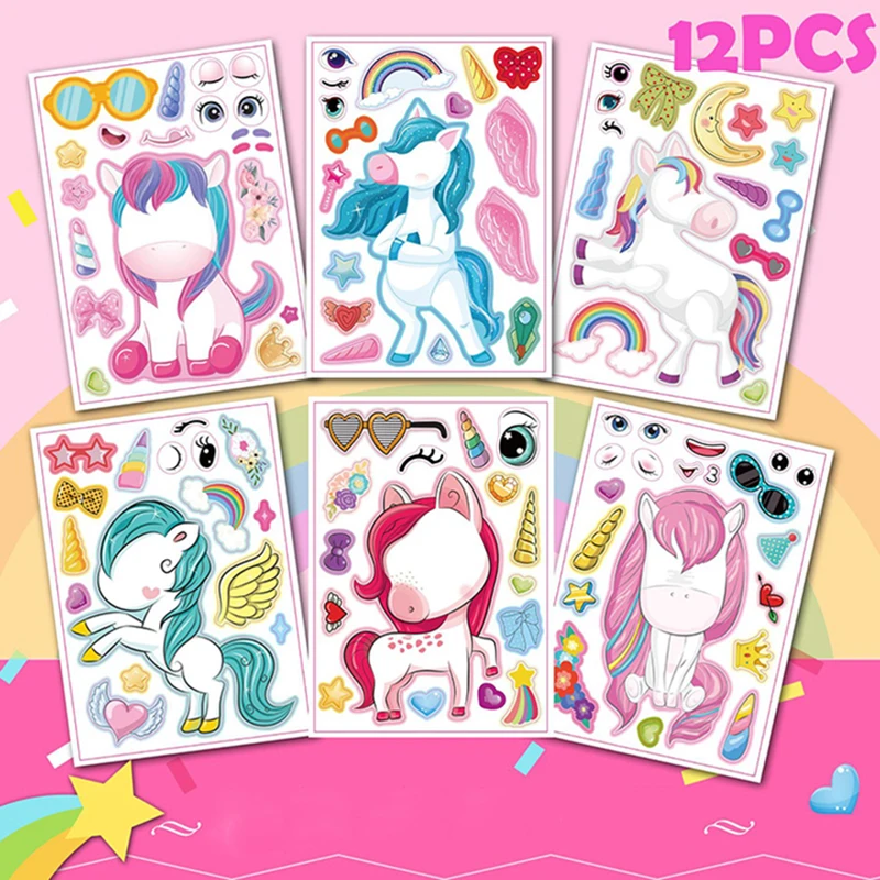 12Sheets/Set Cartoon Unicorn Make A Face Assemble DIY Sticker Children Handmade Creative Kawaii Stickers Decoration Supplies