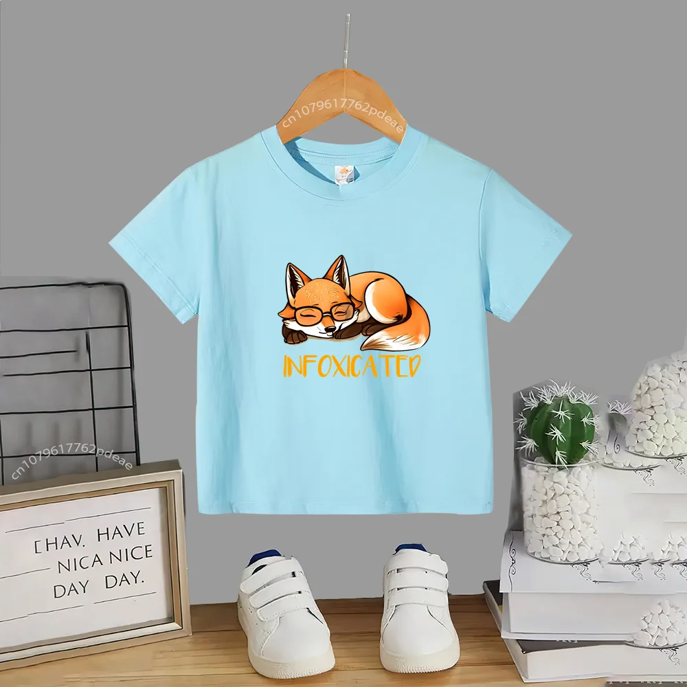 Kids Summer 100% Cotton T-shirt Lazy Little Fox Print Teen Casual Cotton T-shirt Boys Girls Comfortable short sleeve top