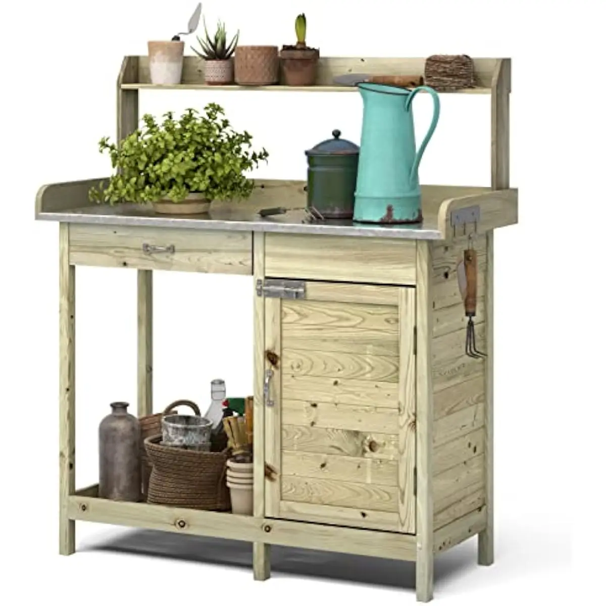 Outdoor gardening workstation crafted from durable natural fir wood featuring rust-resistant galvanized steel tabletop, open she