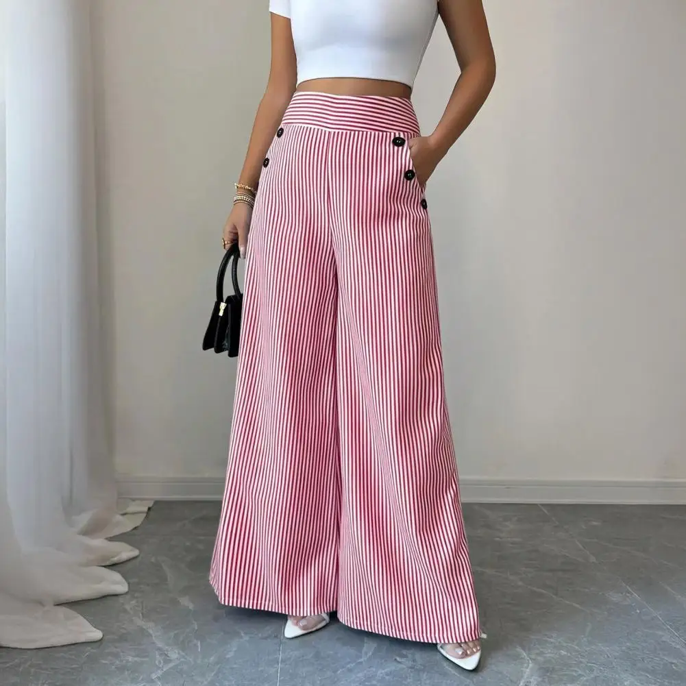 2026 Striped Women Wide Leg Trousers Women's High Waisted Striped Wide Leg Button Decoration Hanging Straight Leg Casual Pants