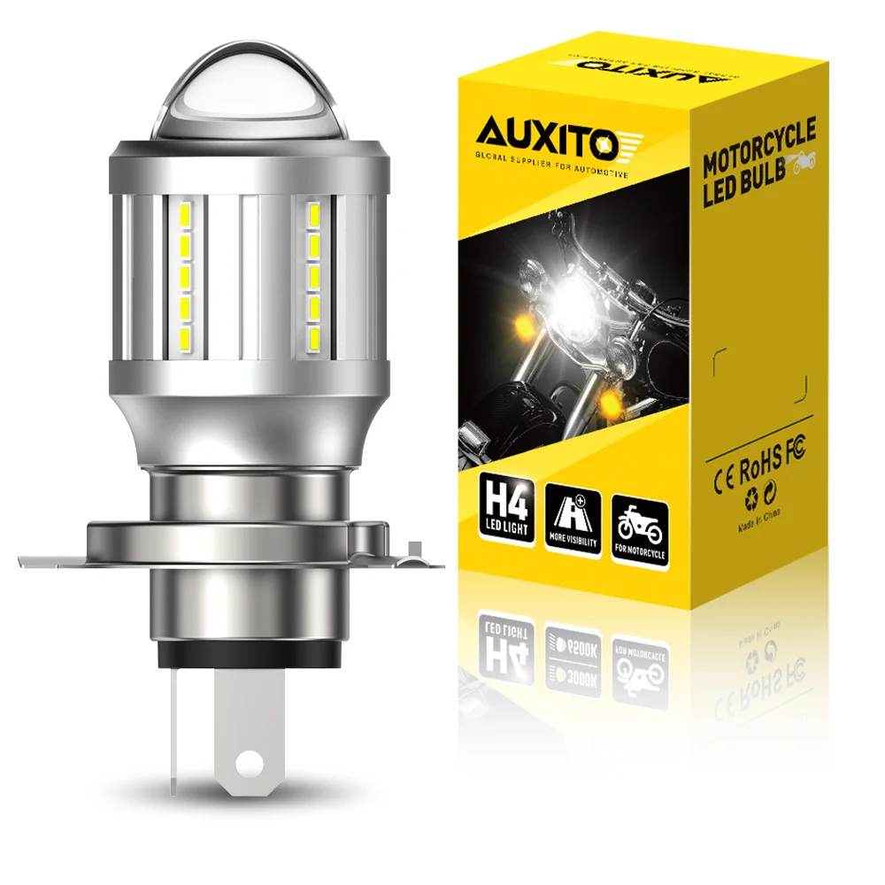 AUXITO 1X Fanless H4 LED Motorcycle Bulbs 6500K White HB2 Motorbike Headlights High Low Beam With Projector LENS Driving Lamp