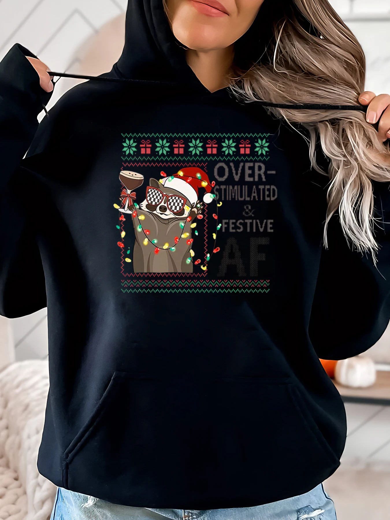 

Милый кот в шляпе Санта-Клауса и огня, негатимулированная праздничная рождественская толстовка с капюшоном, женская повседневная праздничная одежда, черный, больших размеров