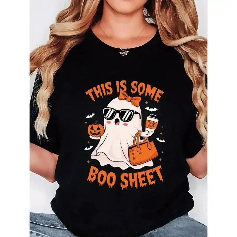 Women'S Halloween Graphic Tee - This Is Some Boo Sheet Spooky Ghost Design with Jack-O'-Lanterns, Black Short Sleeve T-Shirt, Lightweight & Breathable Fabric, Casual Oversized Fit for SpringSummer, Halloween Shirts adult