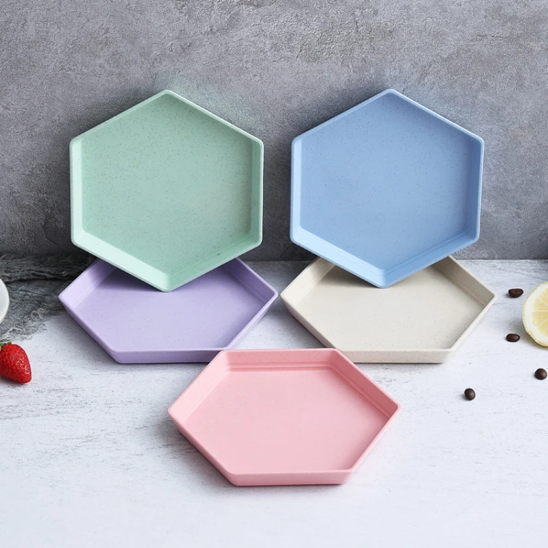 Tableware Dishes Multifunctional Fruit Plate Thicken Wheat Straw Hexagon Tray Dessert Plates