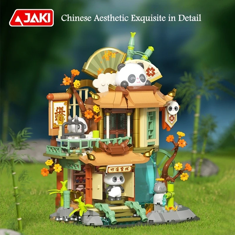 Bamboo Stream Inn Panda Teehaus Bausteine Kreative Straßenszene Architekturornamente Geschenke für Geburtstag Weihnachten Neujahr