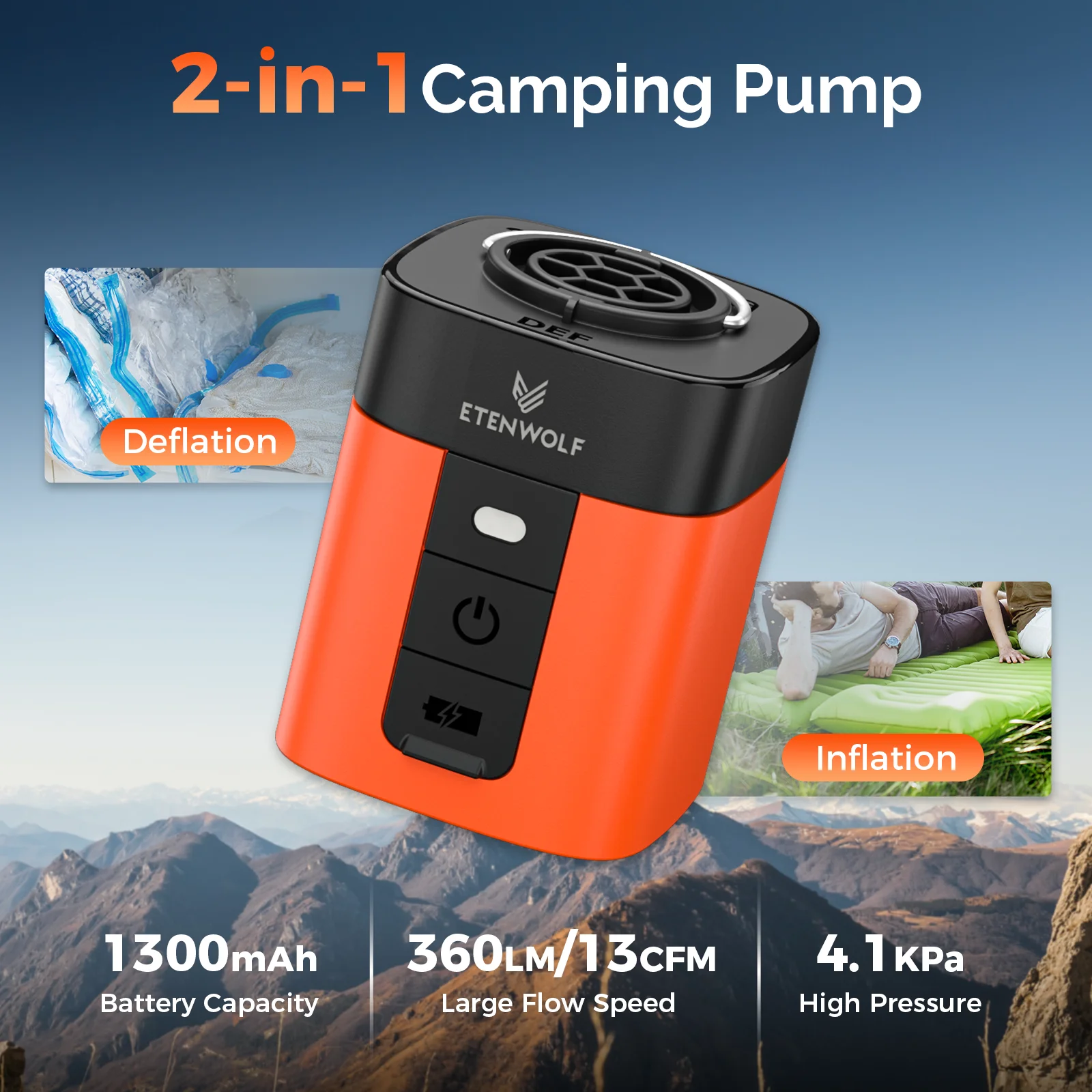 ETENWOLF AIR 3se Outdoor Air Pump Portable Inflator/Deflater for Sleeping Mats, Pool Floats, Camping Mats, Inflatable Pillows